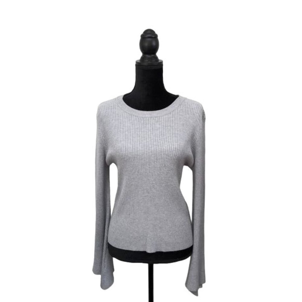 Olivaceous Ribbed Bell Sleeve Crewneck Hi-Lo Sweater Top | Large